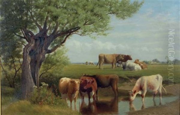 Cows Drinking From The Bank Oil Painting by William Sidney Cooper