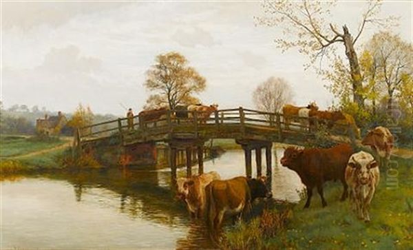 Cattle Crossing Dedham Bridge Oil Painting by William Sidney Cooper