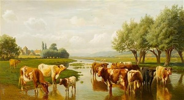 Cattle Watering At Thanington, Kent Oil Painting by William Sidney Cooper