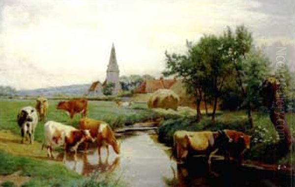 Rural Scene With Cattle Watering Oil Painting by William Sidney Cooper