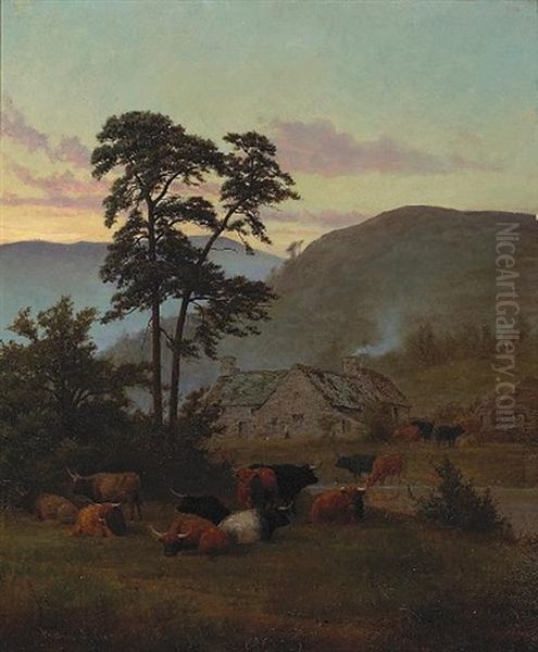 Cattle Resting In A Mountainous Landscape, A Farm Beyond Oil Painting by William Sidney Cooper