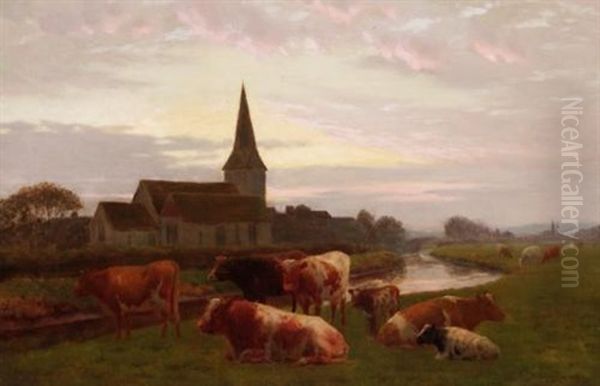 Cattle Grazing By A Church Oil Painting by William Sidney Cooper