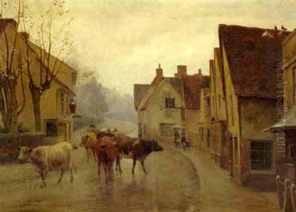 A Street Scene With A Herdsman And Cattle Oil Painting by William Sidney Cooper