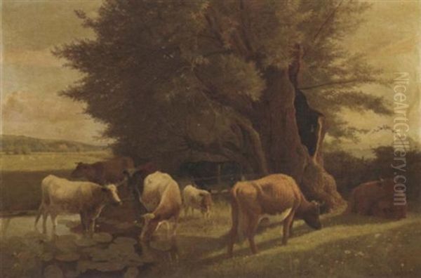 Cattle Watering In A Pond Oil Painting by William Sidney Cooper