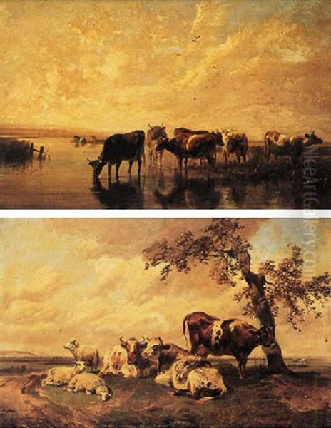 Bull, Cows And Sheep In A River Landscape Oil Painting by William Sidney Cooper