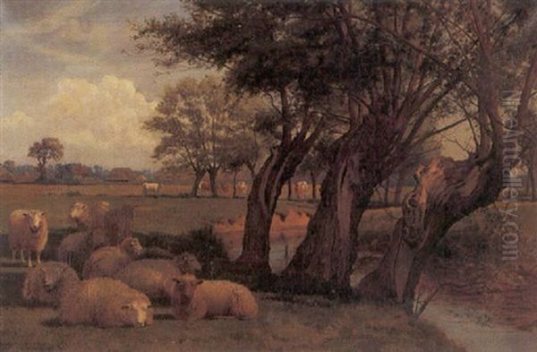 Cattle And Sheep Resting Near A River by William Sidney Cooper