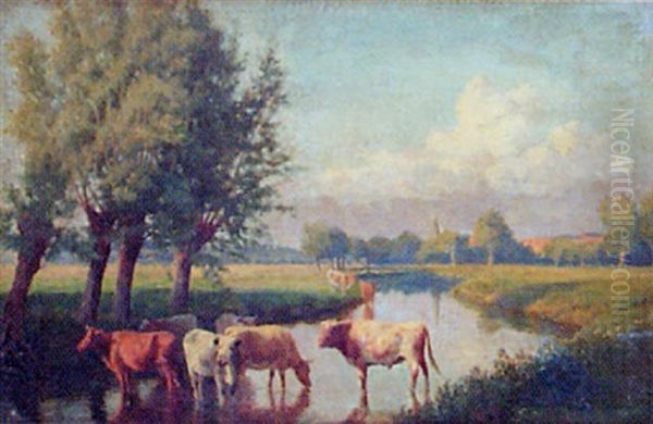 Cattle Watering Oil Painting by William Sidney Cooper