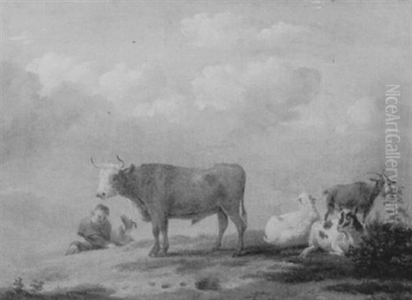 Herder, Cow, And Goats On A Hillside Oil Painting by William Sidney Cooper