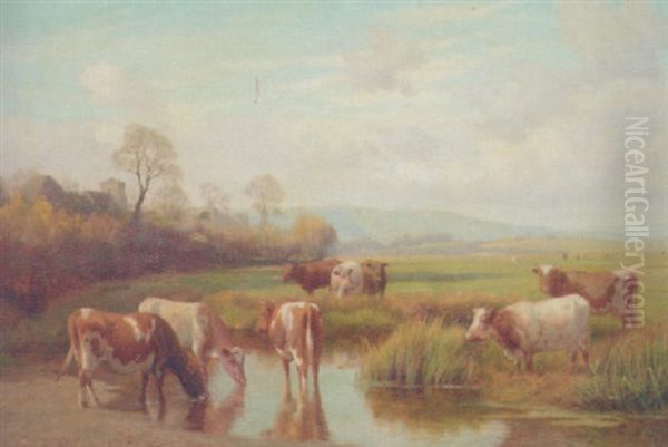 Cattle Watering Before A Village Oil Painting by William Sidney Cooper