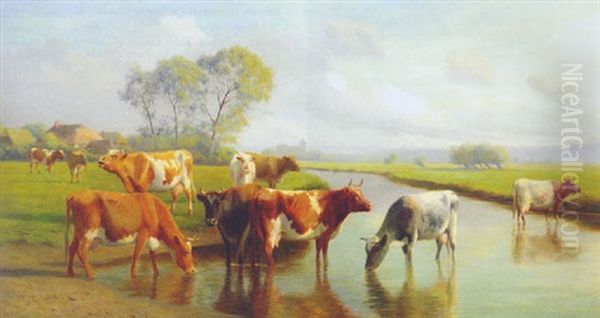 Cattle Watering In A Meadow, A Village Beyond Oil Painting by William Sidney Cooper