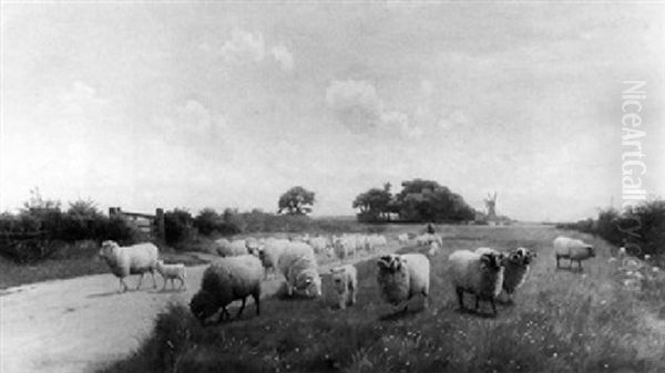 Herne-mill-kent. Schafer Mit Seiner Herde Auf Der Weide Oil Painting by William Sidney Cooper