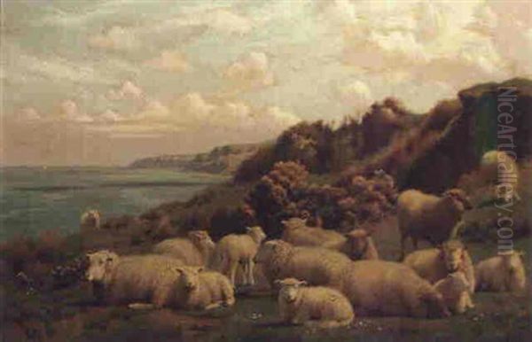 Sheep Resting In A Coastal Landscape Oil Painting by William Sidney Cooper