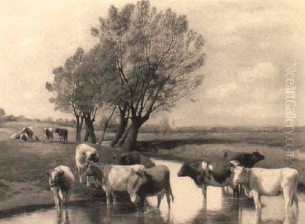 Cattle Watering By A Stream, A Village Beyond Oil Painting by William Sidney Cooper