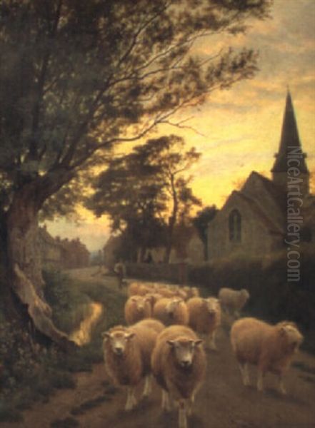 A Kentish Village With A Sheep Drover At Dusk Oil Painting by William Sidney Cooper