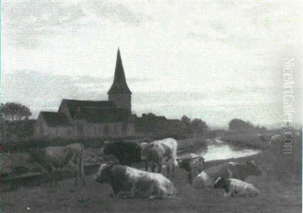 A Canal Landscape With Cattle On A Bank, A Village Church   Beyond Oil Painting by William Sidney Cooper