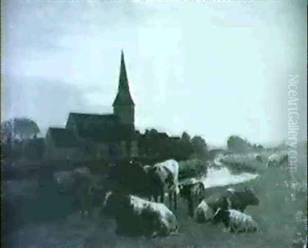 Herd Grazing Near Village Church, Evening Oil Painting by William Sidney Cooper