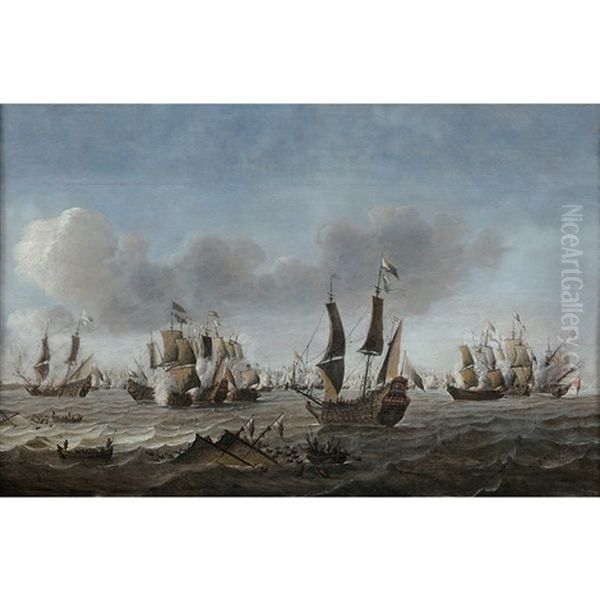 Combat Naval Opposant Anglais Et Hollandais Oil Painting by Pieter Coopse