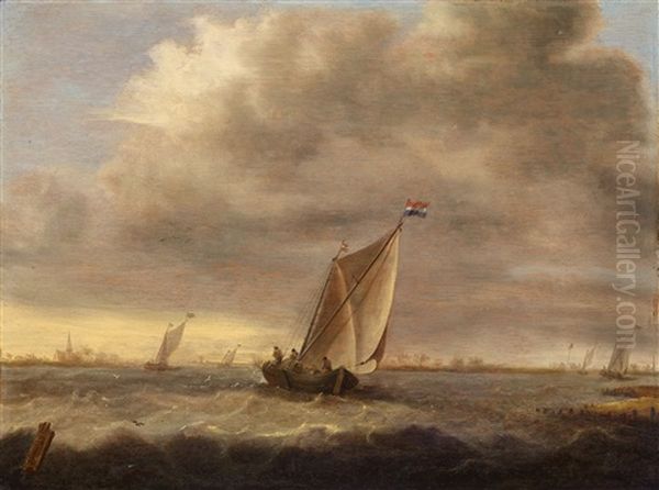 Fishing Boats On Rough Seas Oil Painting by Pieter Coopse