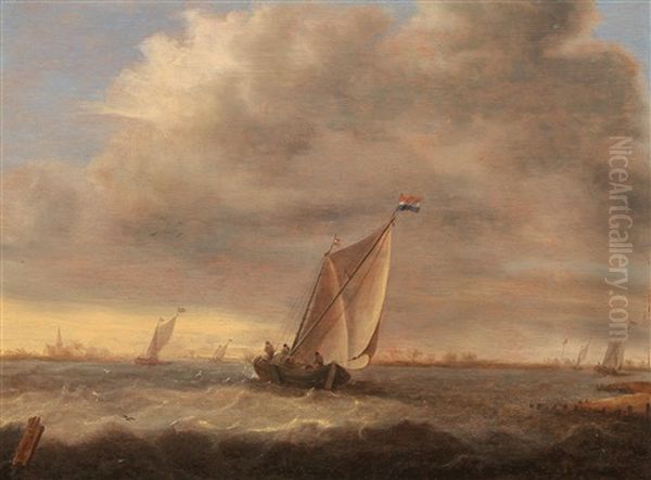 Fishing Boats Off The Coast Oil Painting by Pieter Coopse