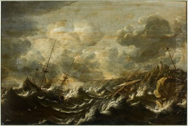 Deux Navires Dans La Tempete Pres D'un Littoral Rocheux Oil Painting by Pieter Coopse