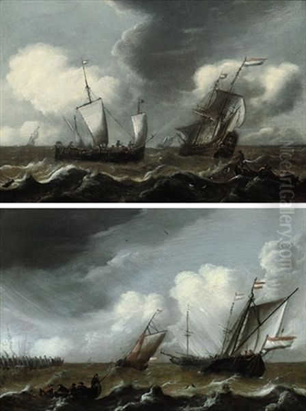 A Dutch Schooner, A Man-o-war, And A Fishing Boat In Stormy Seas (+ Dutch Schooners And A Landing Skiff Approaching The Harbor; Pair) Oil Painting by Pieter Coopse