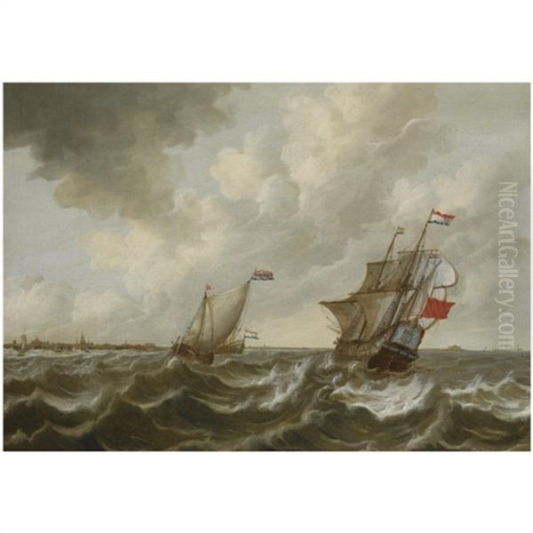 Dutch Shipping In Stormy Waters, Off The Coast Of Middelburg, With A View Of Vlissingen And The Fort Rammekens In The Distance Oil Painting by Pieter Coopse