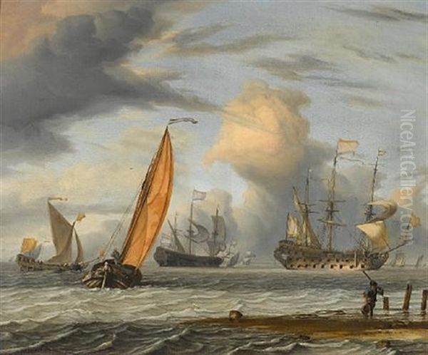 Dutch Vessels In Choppy Seas, A Fisherman On The Shore In The Foreground Oil Painting by Pieter Coopse