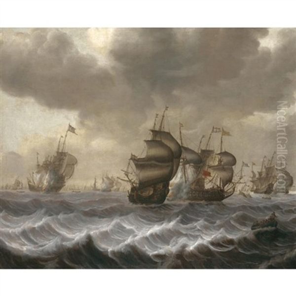 A Naval Engagement Oil Painting by Pieter Coopse