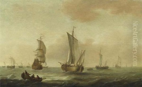 Fischer In Einem Ruderboot Vor Vielen Segelschiffen Oil Painting by Pieter Coopse