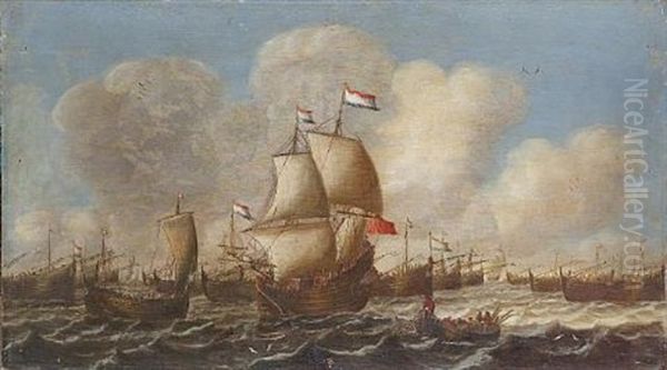 A Dutch Fishing Fleet In Choppy Waters Oil Painting by Pieter Coopse