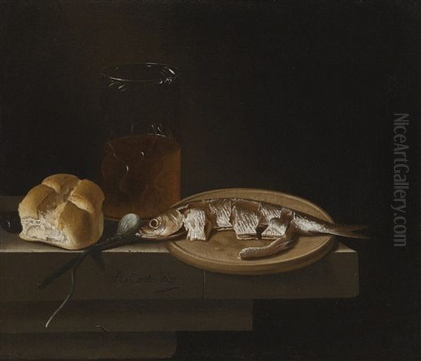 Still Life Of Herring On A Plate With A Bread Roll, A Glass Of Beer And An Onion Oil Painting by Adriaen Coorte