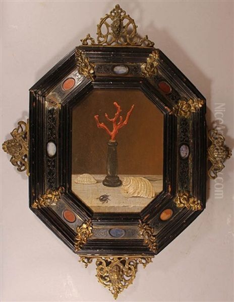 Still Life With Shells, A Red Coral On A Black Column And A Crawling Beetle On A Stone Plinth In Front Of Brown Background Oil Painting by Adriaen Coorte