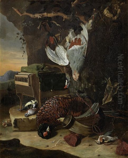 A Dead Pheasant With Dead Song Birds At The Foot Of A Tree Oil Painting by Adriaen Coorte