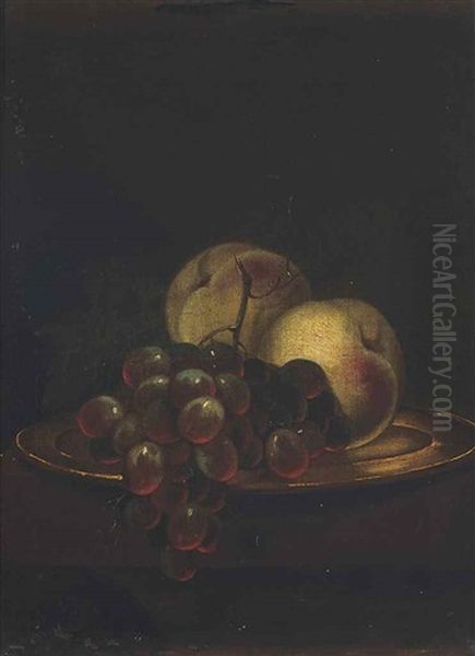 Peaches And Grapes On A Gold Platter, On A Wooden Ledge Oil Painting by Adriaen Coorte