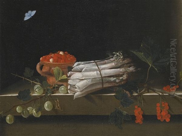 Still Life Of An Earthenware Bowl Of Wild Strawberries, A Bundle Of Asparagus And Sprigs Of Gooseberry And Redcurrants, All On A Stone Ledge With A Pale Blue Butterfly Above Oil Painting by Adriaen Coorte