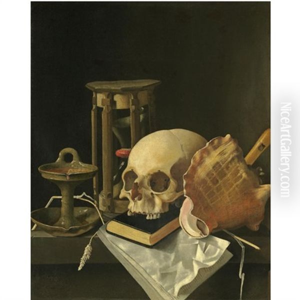 A Vanitas Still Life, With A Skull, An Hourglass, An Oil Lamp, A Conch Shell, A Closed Book, A Recorder, A Musical Score, Together With Some Scattered Ears Of Corn, All Upon A Stone Ledge Oil Painting by Adriaen Coorte