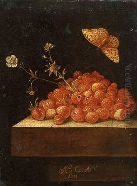 Strawberries In A Pot On A Stone Ledge With A Butterfly Oil Painting by Adriaen Coorte