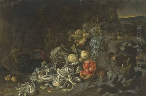 Fruit And Vegetables By A Basket, A Landscape Beyond Oil Painting by Alexander Coosemans