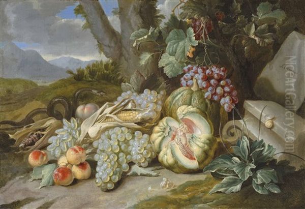 Melons, Grapes, Peaches And Corn With A Snake, In A Landscape Oil Painting by Alexander Coosemans