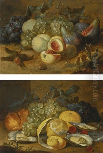 Still Life With Lemons, Oysters And Cherries; Still Life With Peaches And Figs Oil Painting by Alexander Coosemans