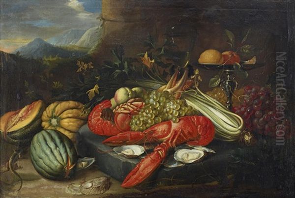 Still Life With Lobster And Fruits Oil Painting by Alexander Coosemans