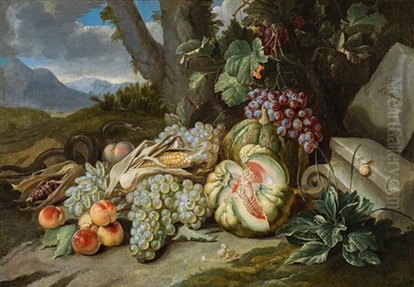 Fruit Still Life In Landscape Oil Painting by Alexander Coosemans