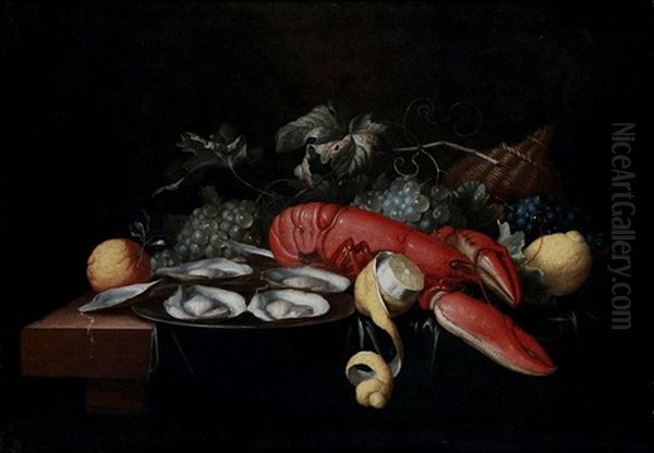 Still Life With Lobster, Fruit And Oysters On A Table Oil Painting by Alexander Coosemans