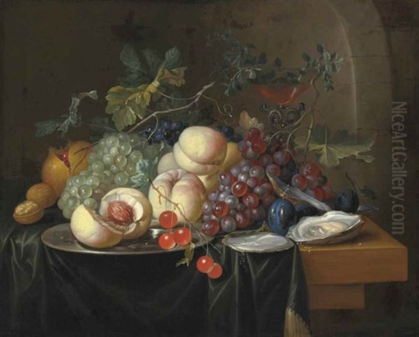 Peaches, Grapes, A Pomegranate And Other Fruit With A Walnut, Oysters And A Facon-de-venise Wine-glass On A Draped Wooden Ledge Oil Painting by Alexander Coosemans