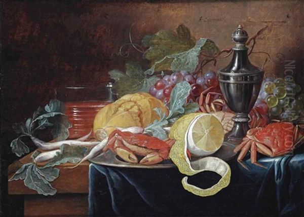 Grapes, A Lemon, Crabs, Bread And A Silver Jug, All On A Wooden Ledge Oil Painting by Alexander Coosemans