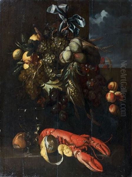 Composition Aux Pommes, Raisins Et Homard Oil Painting by Alexander Coosemans