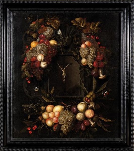 Guirlande De Fruits Et De Fleurs Autour D'un Crucifix Oil Painting by Alexander Coosemans