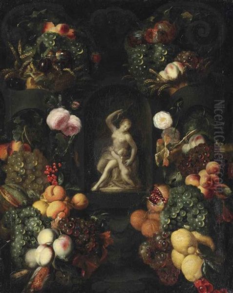 A Sculpture Of Venus And Amor, Surrounded By A Garland Of Roses And Fruit Oil Painting by Alexander Coosemans