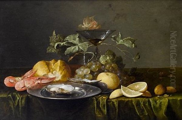 A Still Life Of Prawns, A Bread Roll, An Oyster On A Pewter Dish, A Glass Of Beer, A Wine Glass, Grapes, Lemons And Walnuts On A Table... Oil Painting by Alexander Coosemans