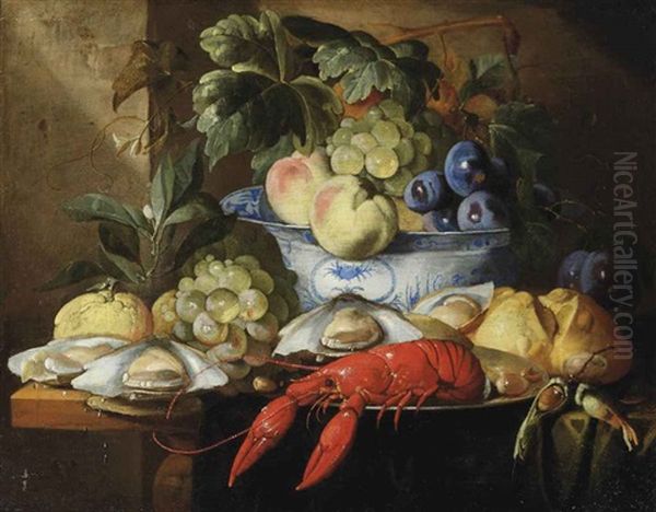 A Lobster On A Plate, A Bread Roll, Oysters, Grapes, A Lemon And A Porcelain Bowl With Various Fruits, All On A Partly Draped Table Oil Painting by Alexander Coosemans